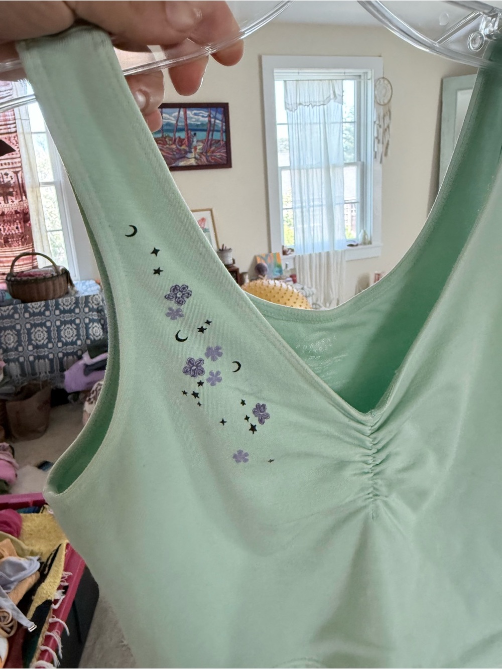 Light Green Floral Ruched Tank Top